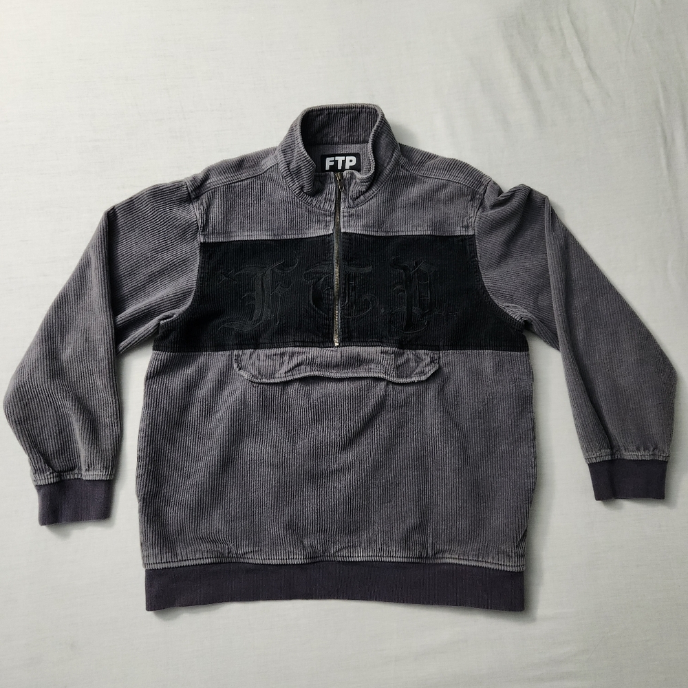 Mens FTP Old English Logo Corduroy Half Zip Pullover Jacket Sz L Gray/Black